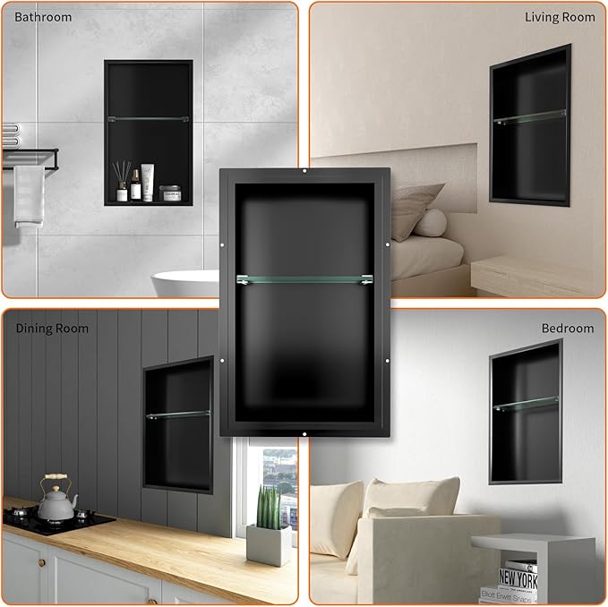 CKB Shower Niche Stainless Steel, 24 Inch x 14 Inch x 4 Inch Depth, Double-Layer Storage Shelves, Recessed Shower Shelf with Matte Black