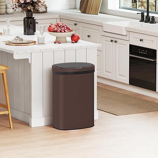PayLessHere 13 Gallon Trash Can Kitchen Trash Can Automatic Garbage Can with Lid Touch Free High-Capacity Motion Sensor for Kitchen Bedroom Bathroom Office Trash Bin (1, Brown Stainless Steel)
