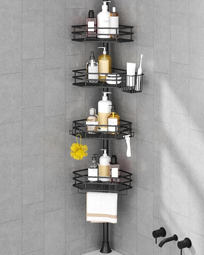 SEIRIONE Corner Shower Caddy Tension Pole, Quick Setup, Rust-Free Bathroom Shower Organizer Corner for Bathtub Shampoo Storage, 4-Tier Adjustable Shelf, Drill Free, Fits 39 to 113 Inch Height, Black