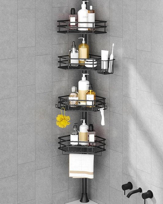 SEIRIONE Corner Shower Caddy Tension Pole, Quick Setup, Rust-Free Bathroom Shower Organizer Corner for Bathtub Shampoo Storage, 4-Tier Adjustable Shelf, Drill Free, Fits 39 to 113 Inch Height, Black
