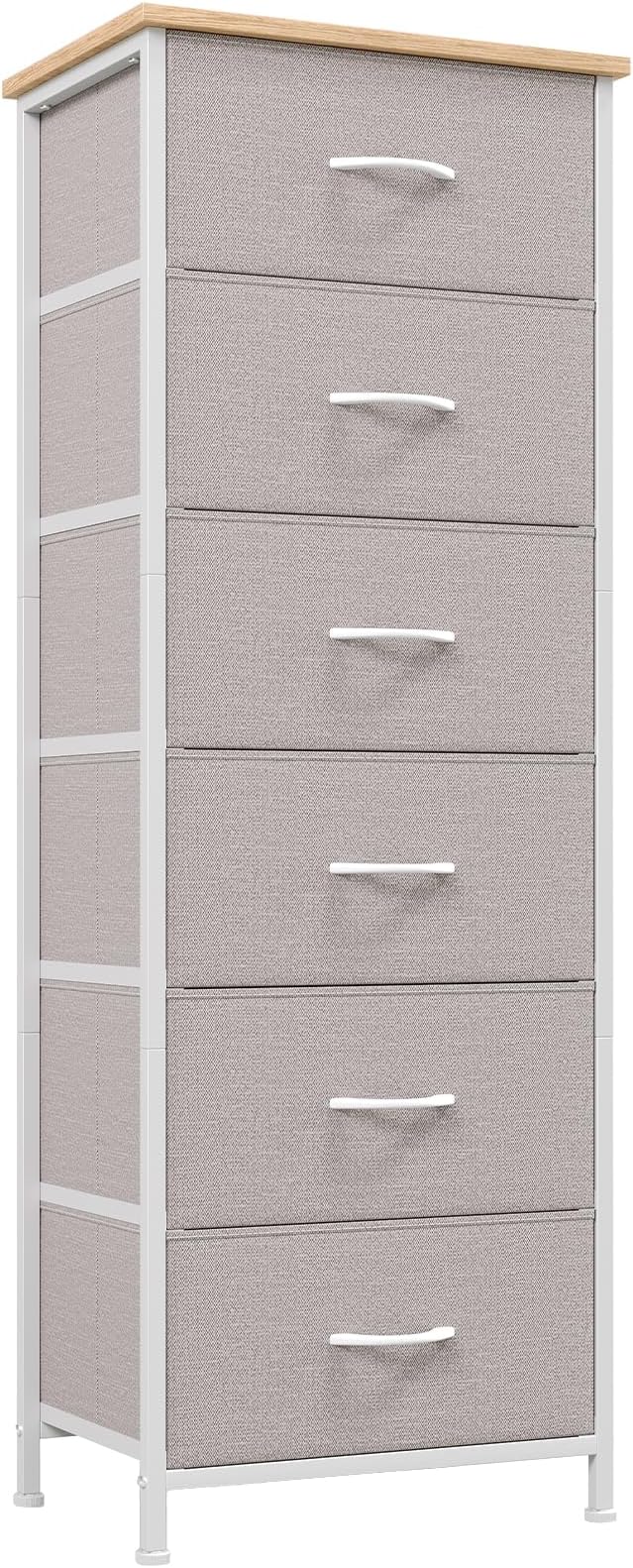 Somdot Tall Dresser for Bedroom with 6 Drawers and Side Pockets, Storage Organizer Chest of Drawers with Fabric Bins for Closet Bedside Nursery Living Room Entryway Hallway, Ash Grey