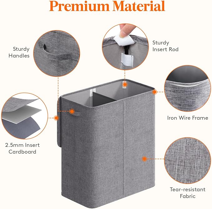 Lifewit Double Laundry Hamper with Lid and Removable Laundry Bags, Large Collapsible 3 Dividers Dirty Clothes Basket with Handles for Bedroom, Laundry Room, Closet, Bathroom, College, 145L Light Gray
