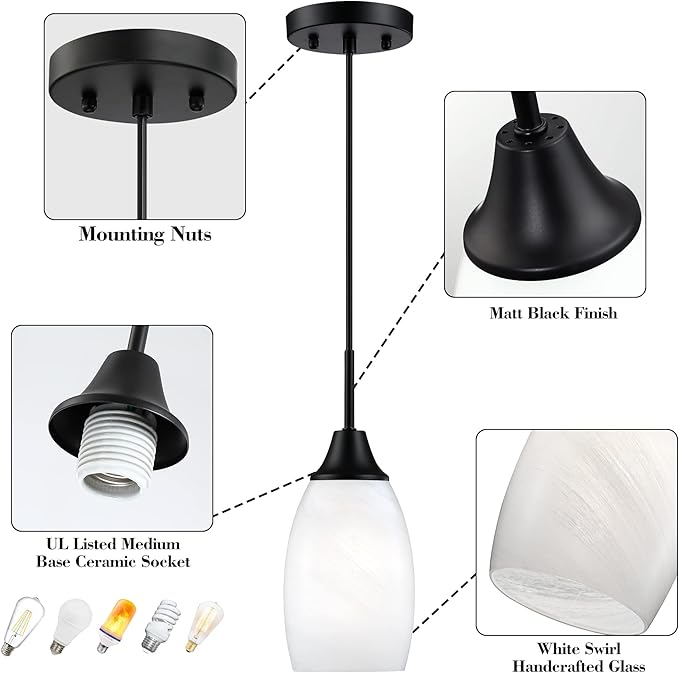 Mini Glass Pendant Light,1-Light Handblown White Oval Art Glass Hanging Pendant Light for Kitchen Island,Dining Room,Living,Foyer,Hallway, Entry Matte Black Metal