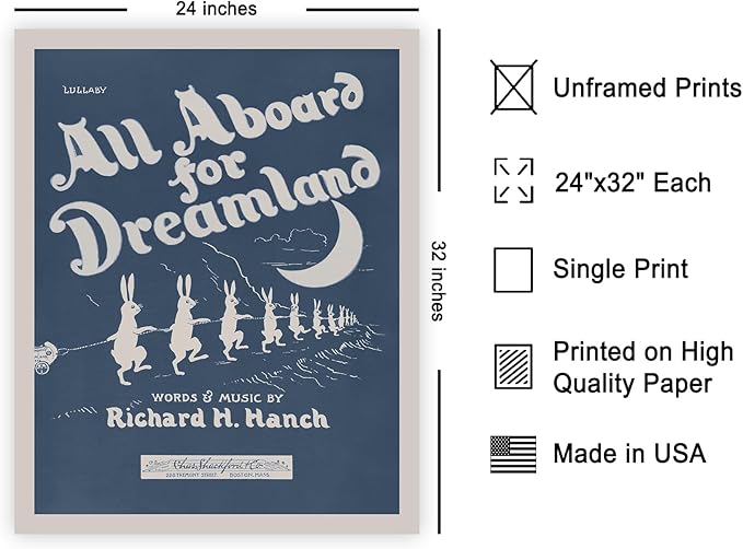 Poster Master All Aboard For Dreamland Poster - Retro Children's Lullaby Print - Story Book Art - Bunny Art - Rabbit Art - Aesthetic Art - Kid's Bedroom or Nursery Wall Decor, 24x32 Unframed Wall Art