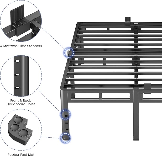 NKZ 22 Inch King Size Bed Frame, Metal Bed Frame & Box Spring 2 in 1 Platform with Round Corner Legs, 4000Lbs Heavy Duty Metal Frame, Mattress Slide Stopper, Headboard Hole, Noise-Free, Easy Assembly