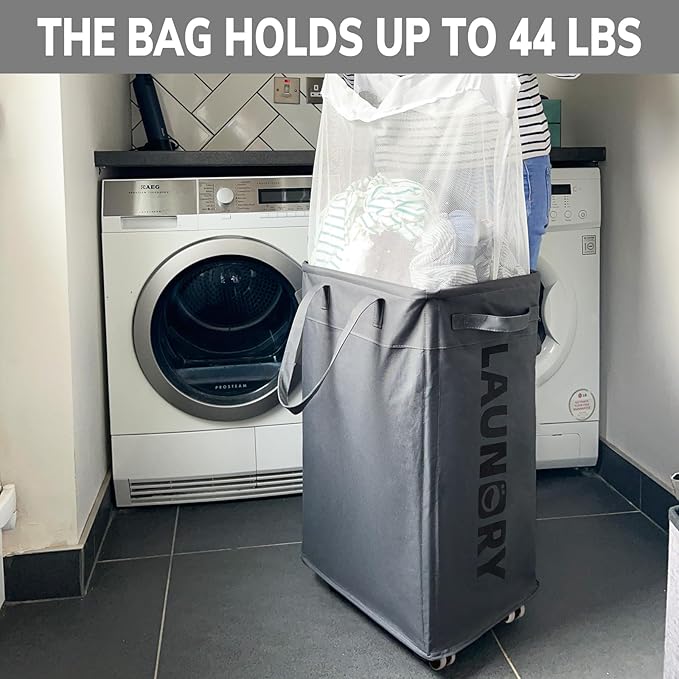 Goodpick Hamper with Wheels, 2-Pack 75L Foldable Laundry Baskets with Removable Wash Bags, Dirty Laundry Basket for Corner Dorm,Grey