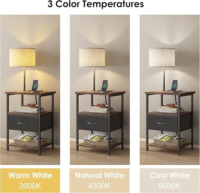 Fixwal Nightstand with LED Lights Bedside Table with 3 Color Temperatures Bulb, Tall NightStand with Charging Station End Table with Adjustable Fabric Drawer for Bedroom Dorm