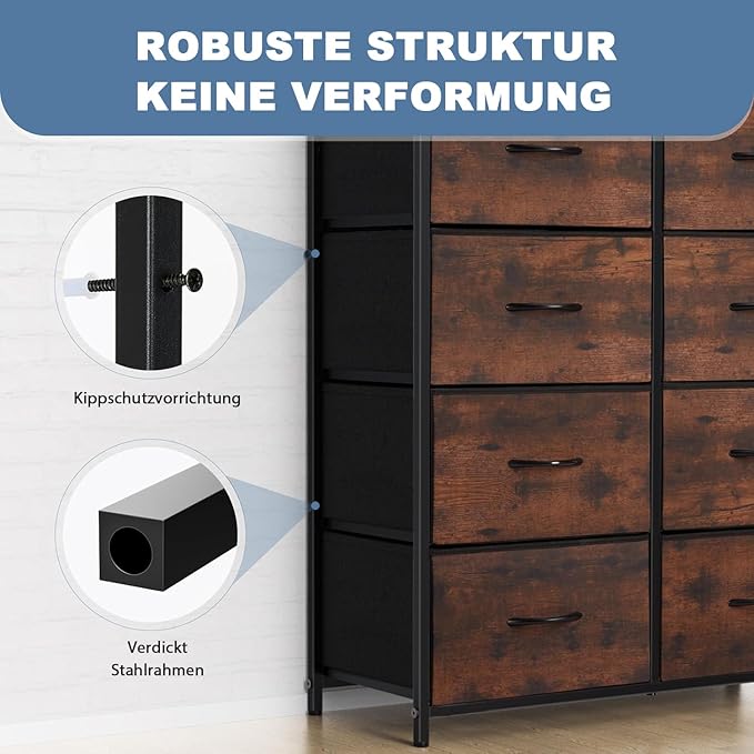 DUMOS Dresser for Bedroom with 8 Fabric Drawers, Tall Chest Organizer Units for Clothing, Closet, Kidsroom, Storage Tower with Cabinet, Metal Frame, Wooden Top, Lightweight Nursery Furniture, Brown