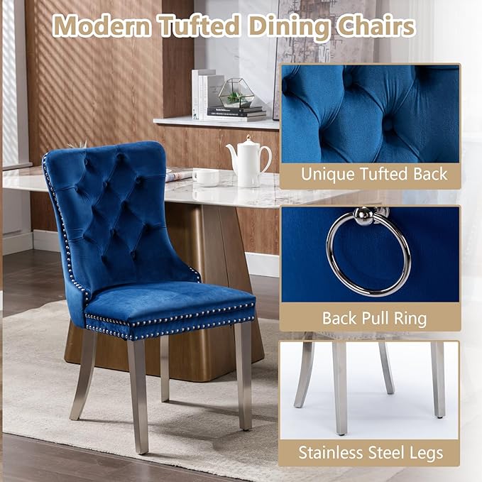Goujxcy 5 Piece Round Glass Dining Table Set for 4, 47" Round Dining Table & Chair Set Modern Circle Glass Kitchen Table and 4 Velvet Upholstered Chairs for Kitchen Dining (Silver Table & Blue Chair)