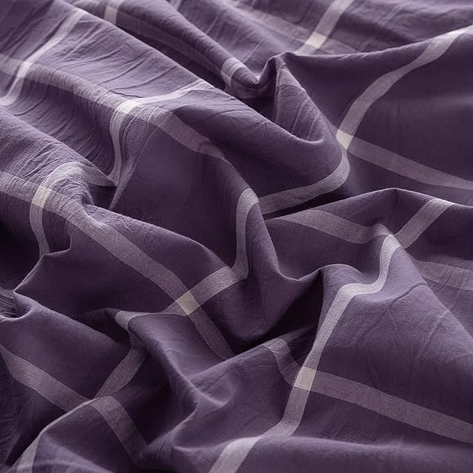 FACE TWO FACE Bedding Duvet Cover Set100% Washed Cotton Duvet Cover Linen Like Textured Breathable Durable Soft Comfy (Queen, Purple Grid)