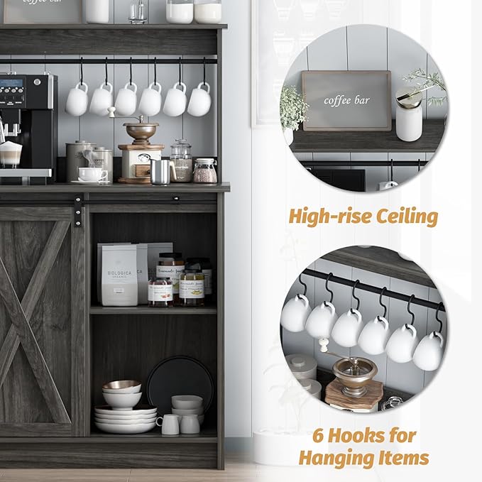 4ever2buy Farmhouse Coffee Bar Cabinet with Storage, Grey Coffee Bar with 6 Hooks, Buffet Table with Sliding Barn Door, Wine Bar Cabinet with Adjustable Shelf for Living Dining Roome
