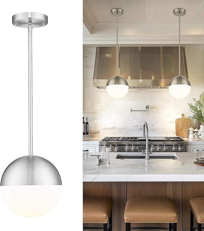LMS Farmhouse Pendant Light Fixtures, Brushed Nickel Pendant Light with Globe Glass, Adjustable Hanging Lighting for Kitchen Island, Bedroom, Bathroom, LMS-203