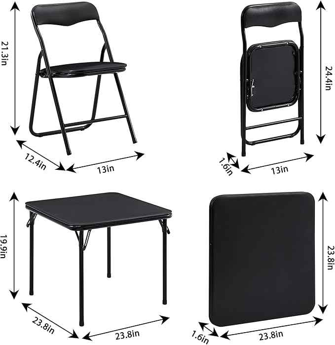 VECELO Kids Folding Activity Table and Chairs 3 Piece Set, Portable, with Ultra Soft Padded Cushion, Solid Black