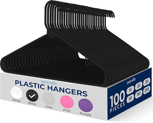 SereneLife 100-Piece Plastic Clothes Hangers – Black 0.24" Slim Non-Slip Heavy Duty Coat Shirt Pant Closet Organizer Set with 360° Swivel Hook Durable ABS Space-Saving Design for Home or Boutique