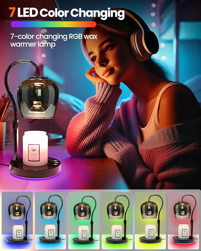 Hisummer Candle Warmer Lamp with 7 Colors RGB & Touch Dimmer, Height Adjustable Swan Neck for Scented Jar Candles, Includes 2 Bulbs, 24V Safe Wax Warmer for Home Decor Gift for Women Mom (Marble Vein)