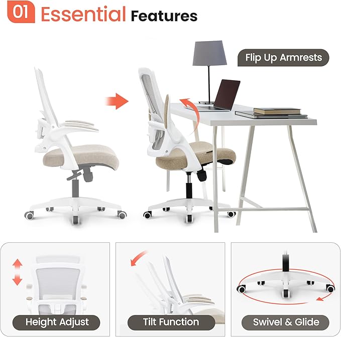 NEO CHAIR Office Desk Chair Computer High Back Mesh Gaming Seat with Ergonomic Adjustable Comfy Flip-up Armrests Lumbar Support Height for Home (Beige)