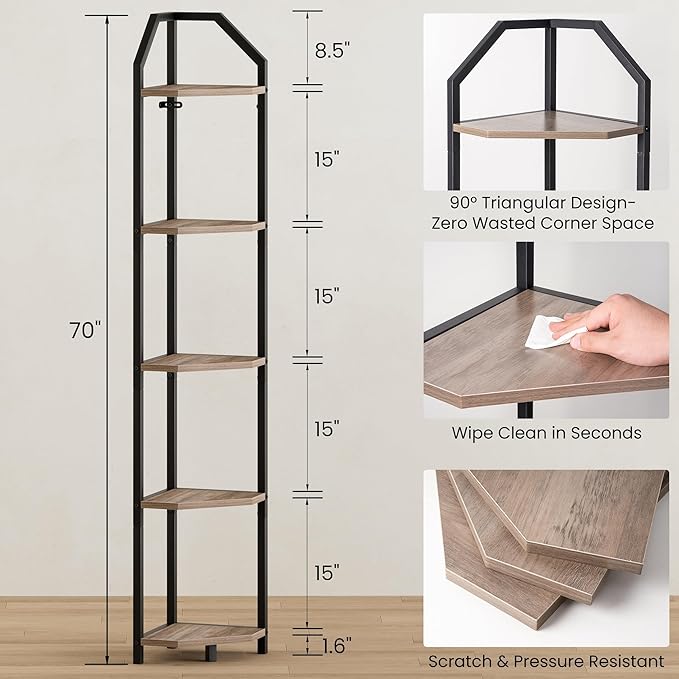 70 Inch Corner Shelf with LED Lights, 5-Tier Corner Bookshelf for Small Spaces, Wood & Metal Storage Rack for Bedroom, Living Room, Office - Modern Space Saving Design-Grey