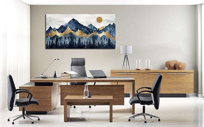 Abstract Nordic Canvas Wall Art - Indigo Blue and Brown Mountain Forest Picture Wall Decor Sun Birds Canvas Painting Nature Landscape Prints Artwork for Living Room Bedroom Decoration 24" x 48"