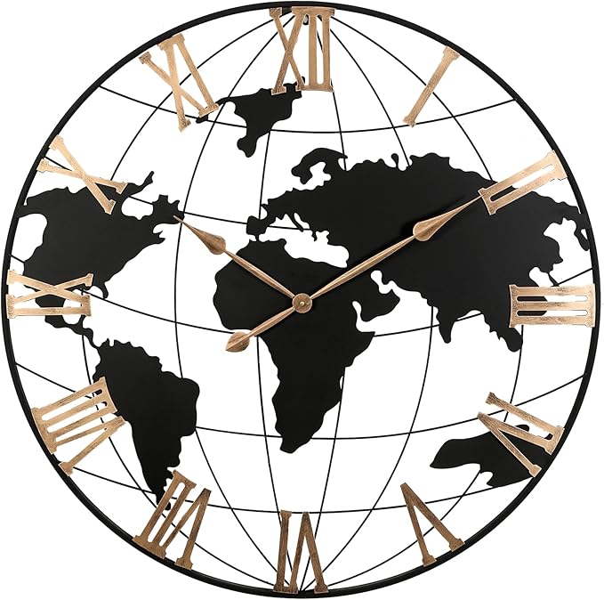36 Inch Extra Large World Map Wall Clock, Retro Minimalist Silent Non-Ticking Battery Operated Clock for Living Room, Bedroom, Office, Kitchen, Black Roman Numerals