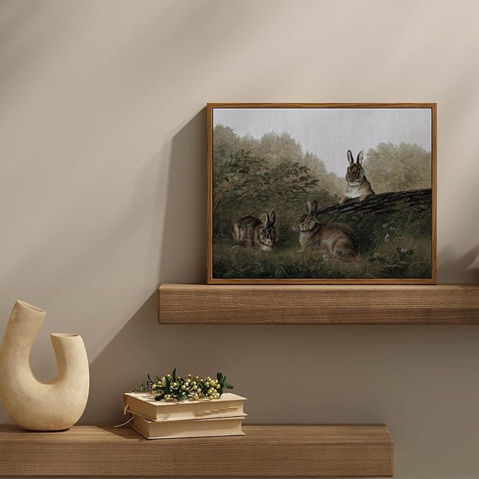InSimSea Framed Wall Art for Living Room Three Rabbits Easter Bunny Decor Vintage Landscape Wall Art Aesthetic Woodland Animal Oil Painting Prints Countryside Farmhouse Wall Decor for Bedroom 11x14in