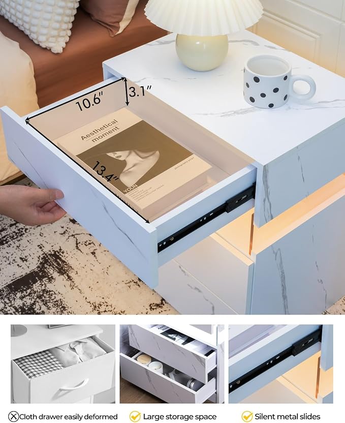 Bingoday Nightstand with LED Lights LED Bedside Tables LED Nightstand for Bedroom Modern Night Stand with 3 Drawers