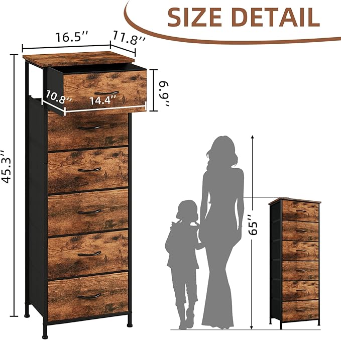Somdot Tall Dresser for Bedroom with 6 Drawers and Side Pockets, Storage Organizer Chest of Drawers with Fabric Bins for Closet Bedside Nursery Living Room Entryway Hallway, Wood Grain Print