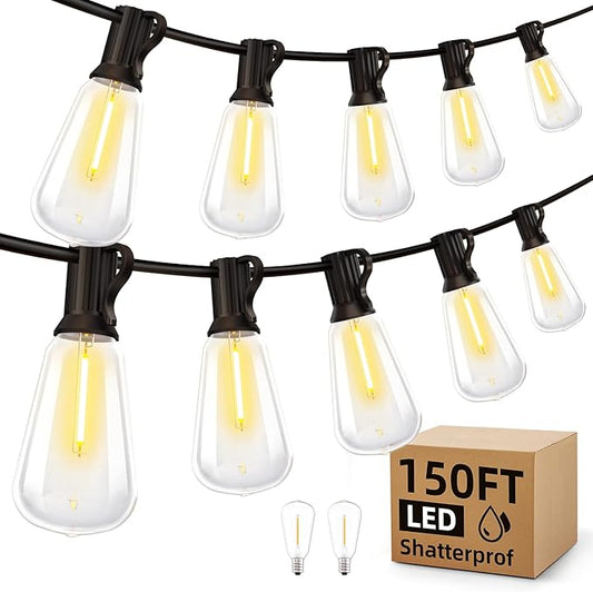 Outdoor String Led Patio Lights - 150Ft 45M Outside Waterproof Light ST38 Shatterproof Bulb Connectable Hanging Outdoor Electric Lighting for Backyard Yard Gazebo Porch Party