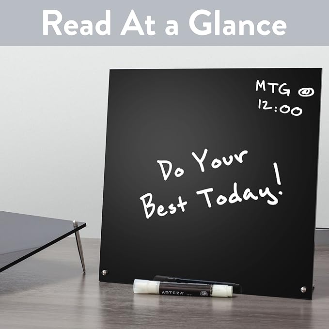 Desk Dry Erase Board with Erasable Marker | White, Black, Clear Acrylic Whiteboard Surface | Angled Writing Tablet | Personal Organizer with Daily Schedules | Weekly to-Do Lists (Black - 12x12)