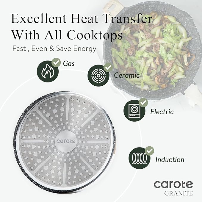 CAROTE 10Inch Nonstick Deep Frying Pan with Lid, 4.5 Qt Jumbo Cooker Saute Pan with Pour Spout, Skillet Induction Cookware, Non Stick Cooking Pan PFOA Free, Classic Granite