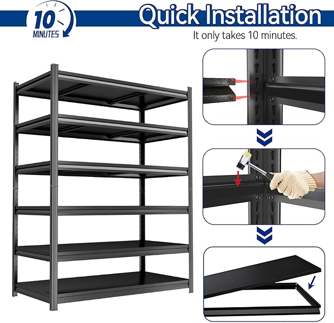 6 Tier Metal Garage Shelving Heavy Duty 3500Lbs Adjustable Storage Shelves Unit Garage Storage Shelves Utility Storage Rack Shelf for Basement, Commercial, Warehouse, Industrial, Black