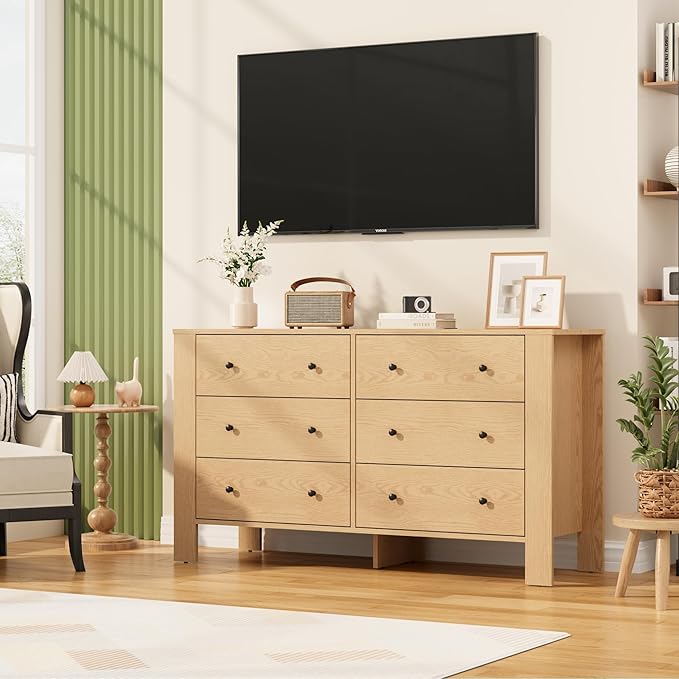 GarveeHome Natural Oak 6 Drawer Dresser for Bedroom, Modern Wide Dresser Organizer with Storage Drawers, Wooden Chests of Drawers for Bedroom, Entryway, Hallway, Home Office