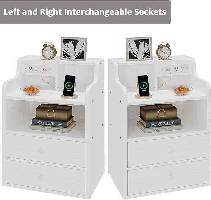 LIKIMIO White Nightstand with Charging Station 2 Drawers and Storage Shelves, Left and Right Interchangeable Sockets Bed Side Table Night Stand with Drawer