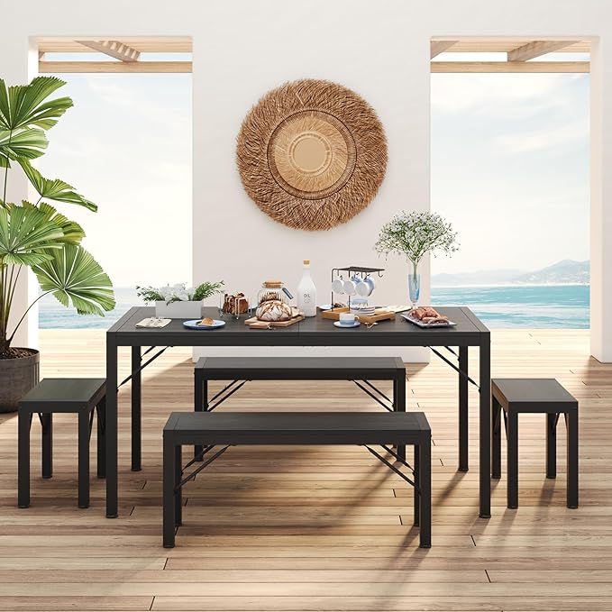 Gizoon 63" Dining Room Table Set for 6, Kitchen Table with 2 Benches and 2 Stools, Dining Table Set with Metal Frame, Space-Saving Kitchen Table Set for Apartment, Black