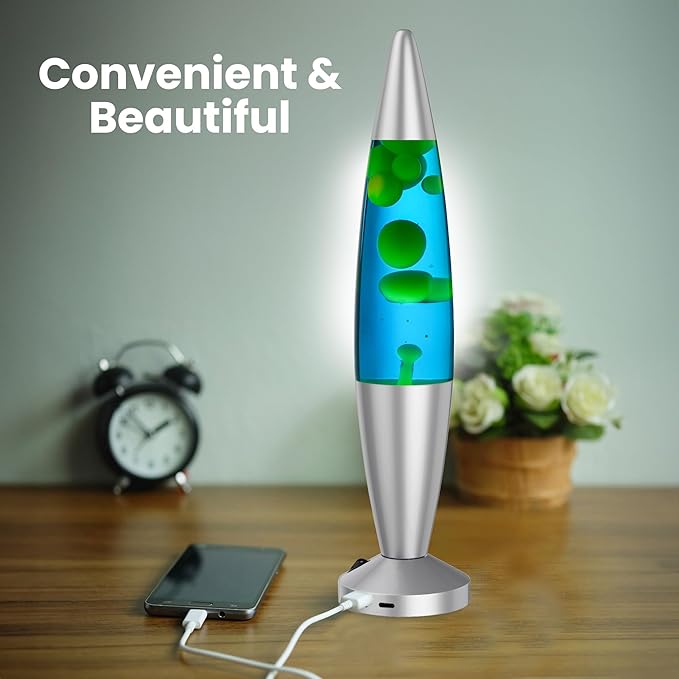 JAMBO 16-Inch Beautiful Lamp with Wax, Relaxing Night Light Home Decor, Extra Tall, Living Room Office Bedroom Lamp for Adults, Teens, Kids (USB, Auto Shut Off, Silver Base, Blue Liquid, Yellow Wax)