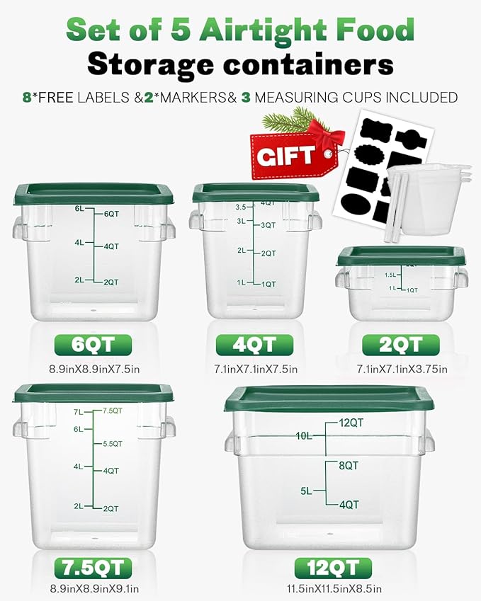 4QT NSF Food Storage Containers: 6 PCS [Food Grade][Hot&Cold Resistant] Commercial Clear Food Storage Containers with Lids for Restaurant Kitchen Proof Dough, Measuring Spoons Included(Green)