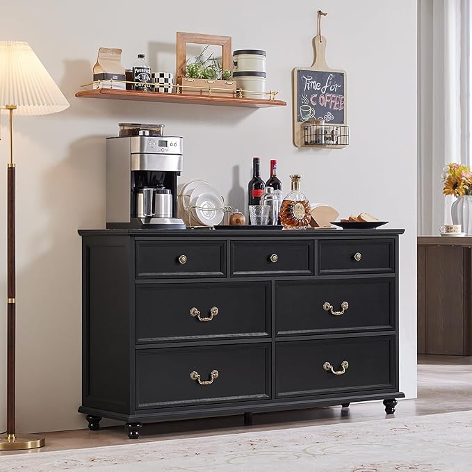 Farmhouse 7 Drawers Dresser for Bedroom, Black 54 Inch Wide Chest of Drawers w/ 4 Wooden Legs, Large Vintage Rustic Closet Dressers for Living Room, Wood TV Stand with Storage Organizer