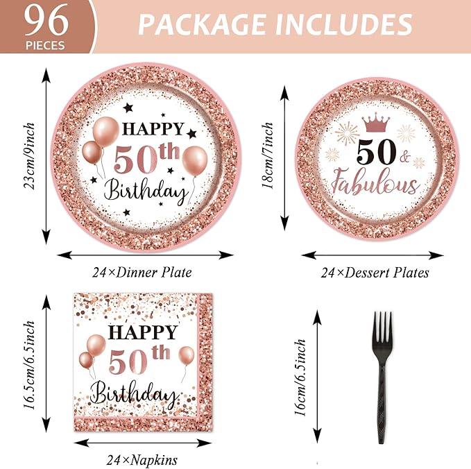 96 Pcs 50 and Fabulous Birthday Party Plates Napkins Tableware Set Rose Gold 50th Birthday Supplies Disposable Dinnerware Fifty Decoration Favors for Women, 24 Guests