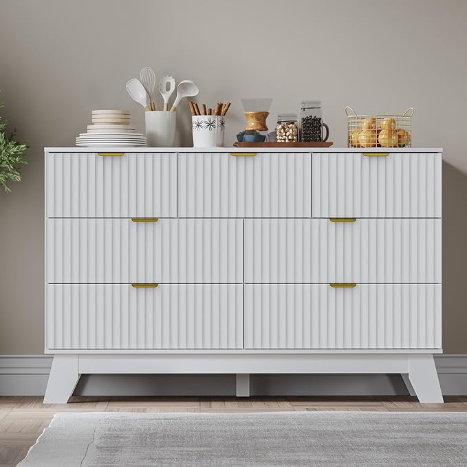 Fluted 7 Drawer Dresser, 47.2" Wide Modern Boho Chest of Drawers, Wooden Storage Dresser TV Stand for Bedroom, Living Room, Closet, Hallway, Curved Profile Design