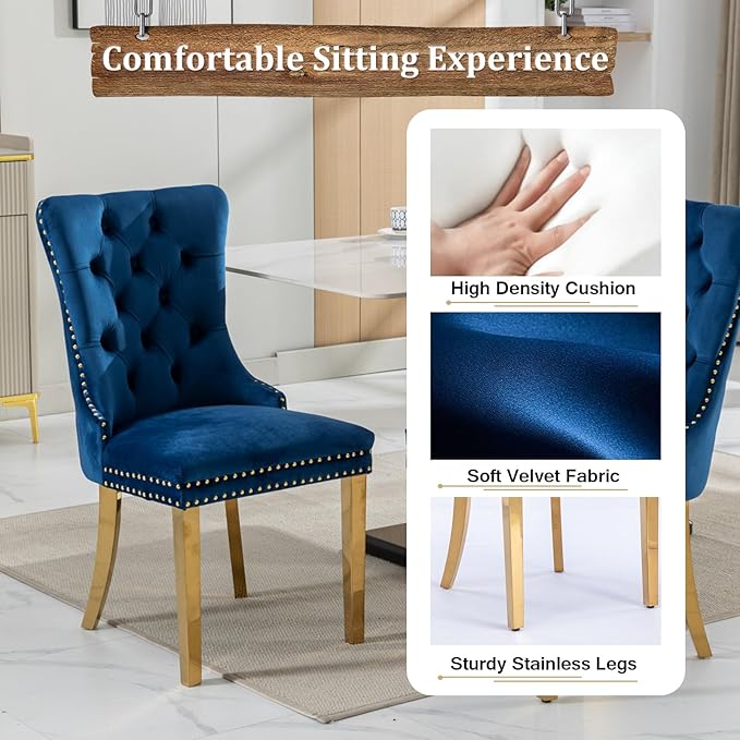 Goujxcy Glass Dining Table Set for 4, Modern Kitchen Table and Chairs Set of 4, 5-Piece Kitchen Dining Room Table Set w/36 Square Gold Glass Dining Table and 4 Blue Velvet Upholstered Chairs