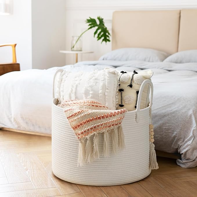 Goodpick Large Laundry Basket Decorative White Basket for Blankets, Baby Storage Basket for Nursery, Living Room, Bedroom, Big Rope Hamper 17.7 x 12.6 Inches, White