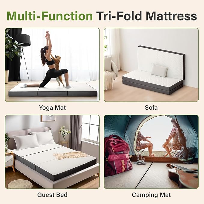 Folding Mattress 3in Twin Memory Foam Tri-Fold Futon with Washable Cover Foldable Floor Mat for Guest Bed, Camping, Yoga, RV Travel, White (Size: 38" L x 75" W x 3" Th)