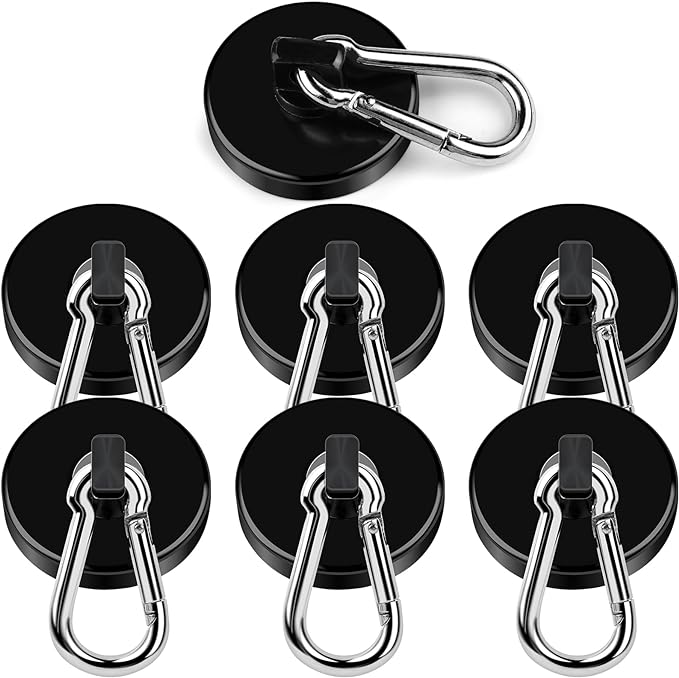 DIYMAG Black Magnetic Hooks, 110LBS Strong Heavy Duty Neodymium Magnet Hooks with Swivel Carabiner Hook, Great for Your Refrigerator and Other Magnetic Surfaces, Pack of 7