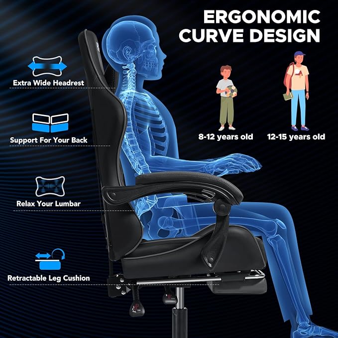 HOFFREE Massage Gaming Chair for Kids Computer Gamer Chair with Footrest and Lumbar Support Reclining PC Game Chair with Headrest for Gaming Room Gray and Black