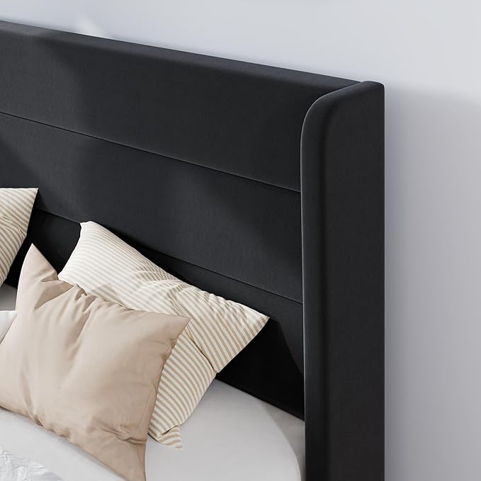 SHA CERLIN Queen Size Velvet Bed Frame/Vertical Channel Tufted Wingback Headboard/Upholstered Platform Bed with Wooden Slats/Mattress Foundation/No Box Spring Needed/Easy Assembly/Black