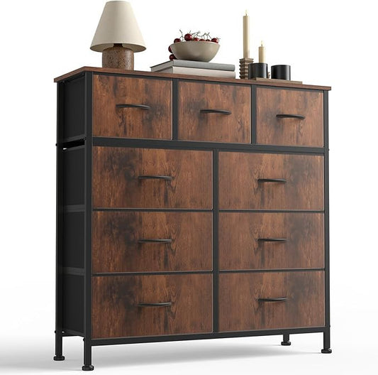 DUMOS 9 Drawer Dresser for Bedroom, Fabric Storage Organizer with Sturdy Metal Frame, Wooden Top Chest of Drawers for Closet Nursery Entryway Guest Room,Cocoa Brown