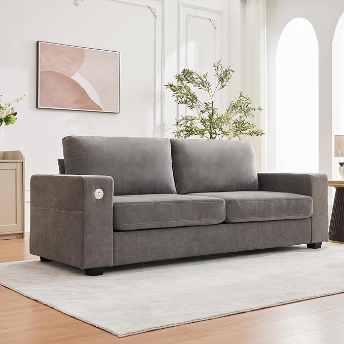Garvee 90" Chenille Fabric Sofa Modern Comfort Sofa with USB/Type-C Ports, Deep Seat Cushions, Removable Cover, Wide Armrests Ideal for Living Rooms, Small Spaces & Apartments - Gray