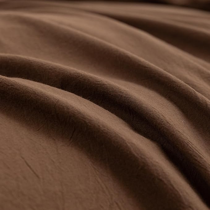BESTOUCH Duvet Cover Set 100% Washed Cotton Linen Feel Super Soft Comfortable Chic Lightweight 3 PCs Home Bedding Set Solid Cocoa Brown Oversized Queen