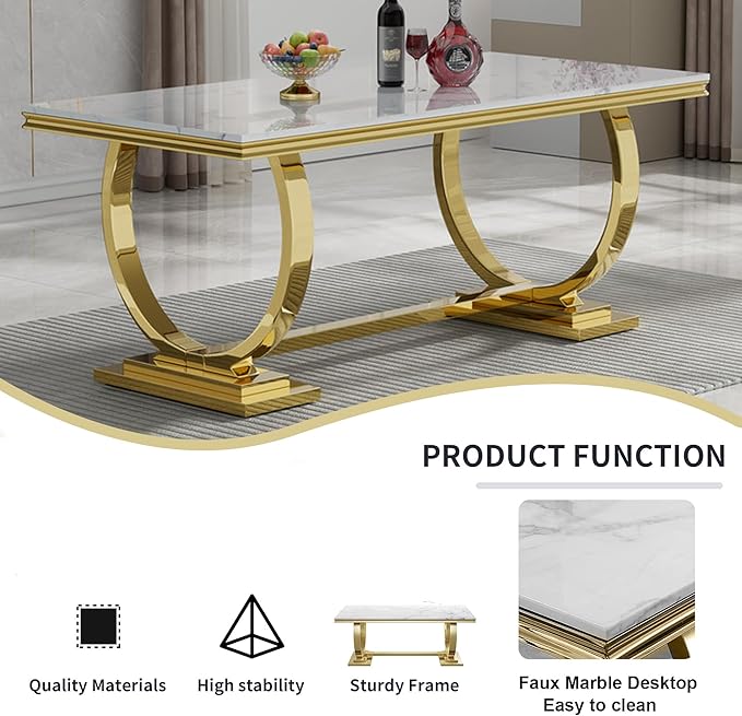 Goujxcy 68" Faux Marble Dining Table Set for 6, 7-Piece Dining Set with White Gold Kitchen Table and 6 Velvet Tufted Chairs, Modern Rectangular Dining Room Table with O-Shape Stainless Steel Base