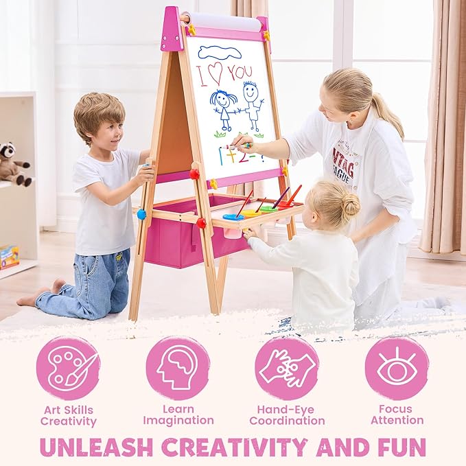 Art Easel for Toddlers Kids, Adjustable Standing Art Easel with Magnetic Chalkboard & Whiteboard, Dry-Erase Board, Paper Roll, Drawing & Painting Easel for Kids Ages 3 4-8 9-12, Pink w/Bag