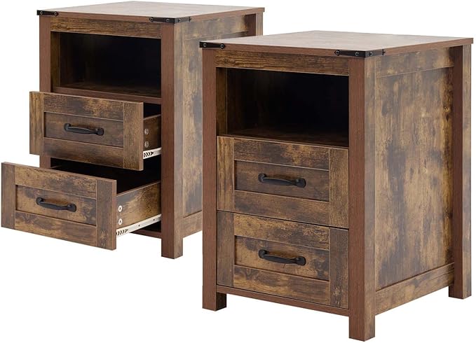 Farmhouse Nightstand Set of 2 with 2 Storage Drawers, Brown Wood Bedside Table, Sturdy End Table with Shelf for Bedroom, Dorm, Living Room, Brown